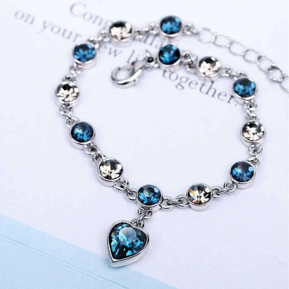 Women Silver Color Lucky Bracelet Female Blue Crystal Heart Charm Pulseras Bracelet Bridal Wedding Engagement Fine Jewelry Gift - KIMLUD