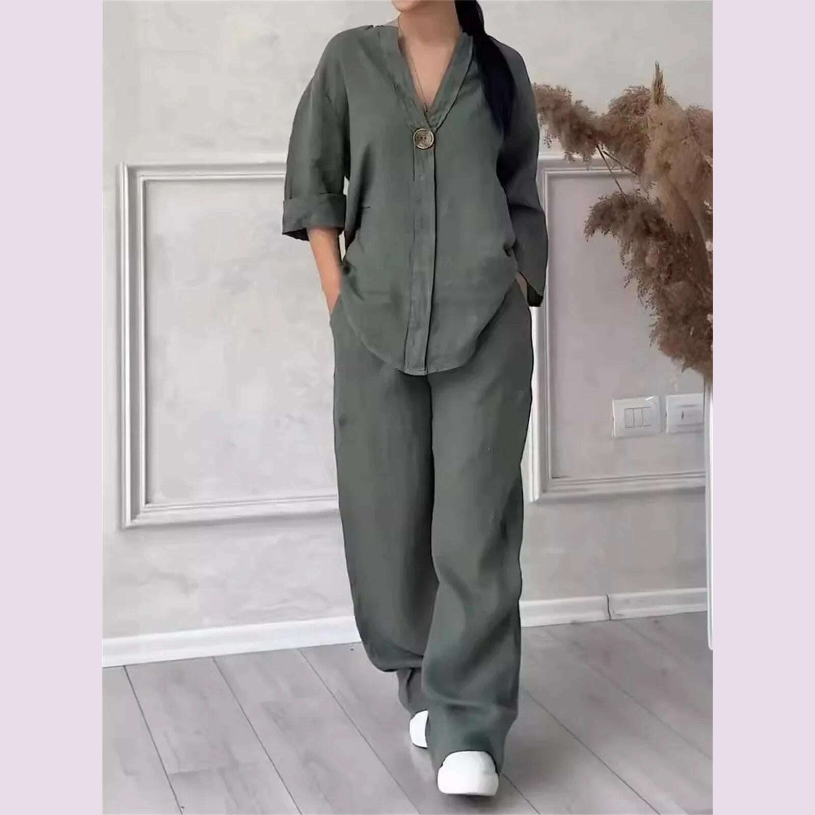 KIMLUD, Women Solid V Neck Suits Fashion Autumn Spring Two piece Set Casual Long Sleeve Shirt Top Wide-leg Pant Sets Loose Outfites Suit, army green / S, KIMLUD APPAREL - Womens Clothes