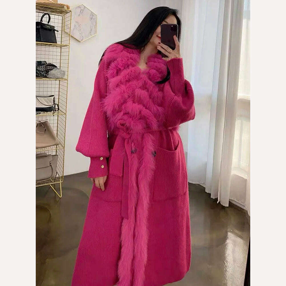 Women Special Autumn Real Fox Fur Knitting OverSize Coat Fox Fur Collar Lady's Fashion Spring Long Sweater Length 110cm - KIMLUD