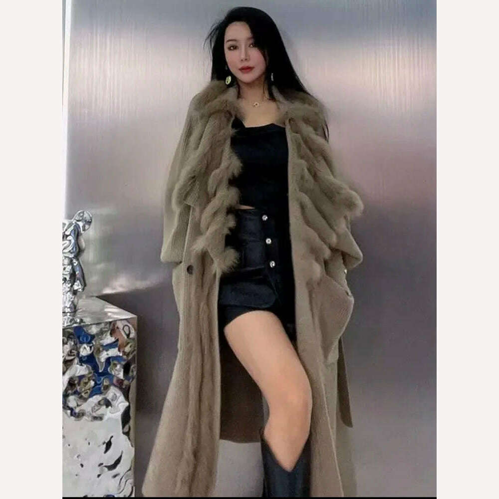 Women Special Autumn Real Fox Fur Knitting OverSize Coat Fox Fur Collar Lady's Fashion Spring Long Sweater Length 110cm - KIMLUD