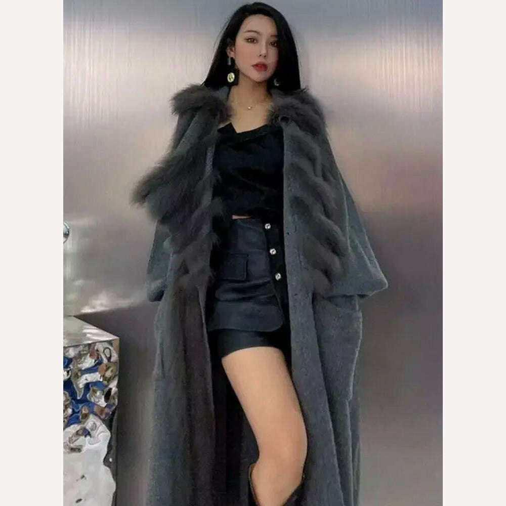 Women Special Autumn Real Fox Fur Knitting OverSize Coat Fox Fur Collar Lady's Fashion Spring Long Sweater Length 110cm - KIMLUD