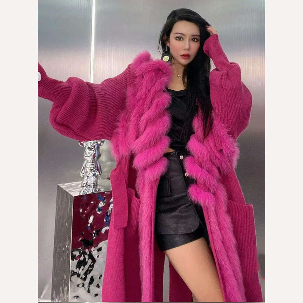 Women Special Autumn Real Fox Fur Knitting OverSize Coat Fox Fur Collar Lady's Fashion Spring Long Sweater Length 110cm - KIMLUD