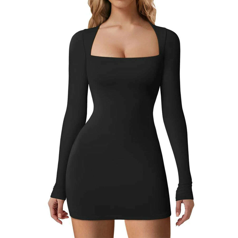 KIMLUD, Women Square Neck Dress Long Sleeve Buttocks Wrapped Dress Slim Fit Bodycon Sexy Dress Ladies Club Streetwear, Black / S, KIMLUD APPAREL - Womens Clothes