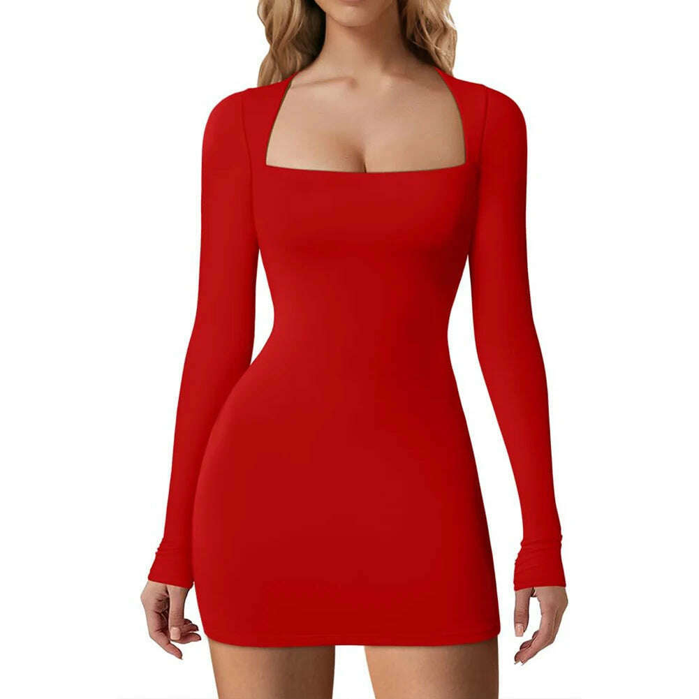 KIMLUD, Women Square Neck Dress Long Sleeve Buttocks Wrapped Dress Slim Fit Bodycon Sexy Dress Ladies Club Streetwear, Red / S, KIMLUD APPAREL - Womens Clothes