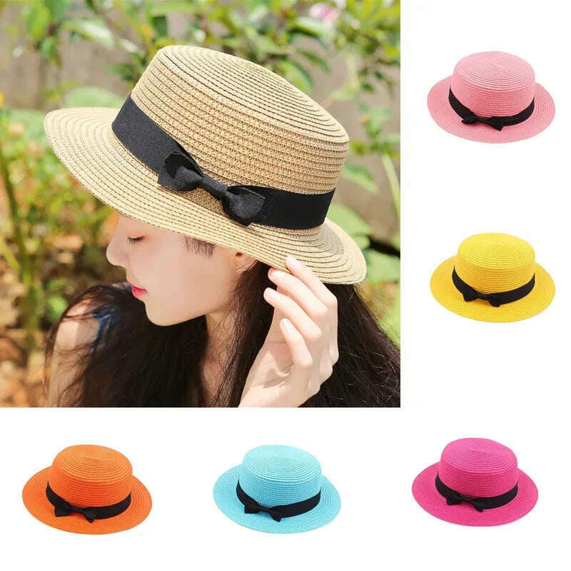 women straw hat Flat Top Straw Hat Vacation Casual Shopping Beach Hats for Woman Hats for girls Church Courtesy Panama Sun Hat - KIMLUD