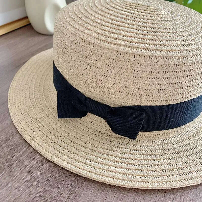 women straw hat Flat Top Straw Hat Vacation Casual Shopping Beach Hats for Woman Hats for girls Church Courtesy Panama Sun Hat - KIMLUD