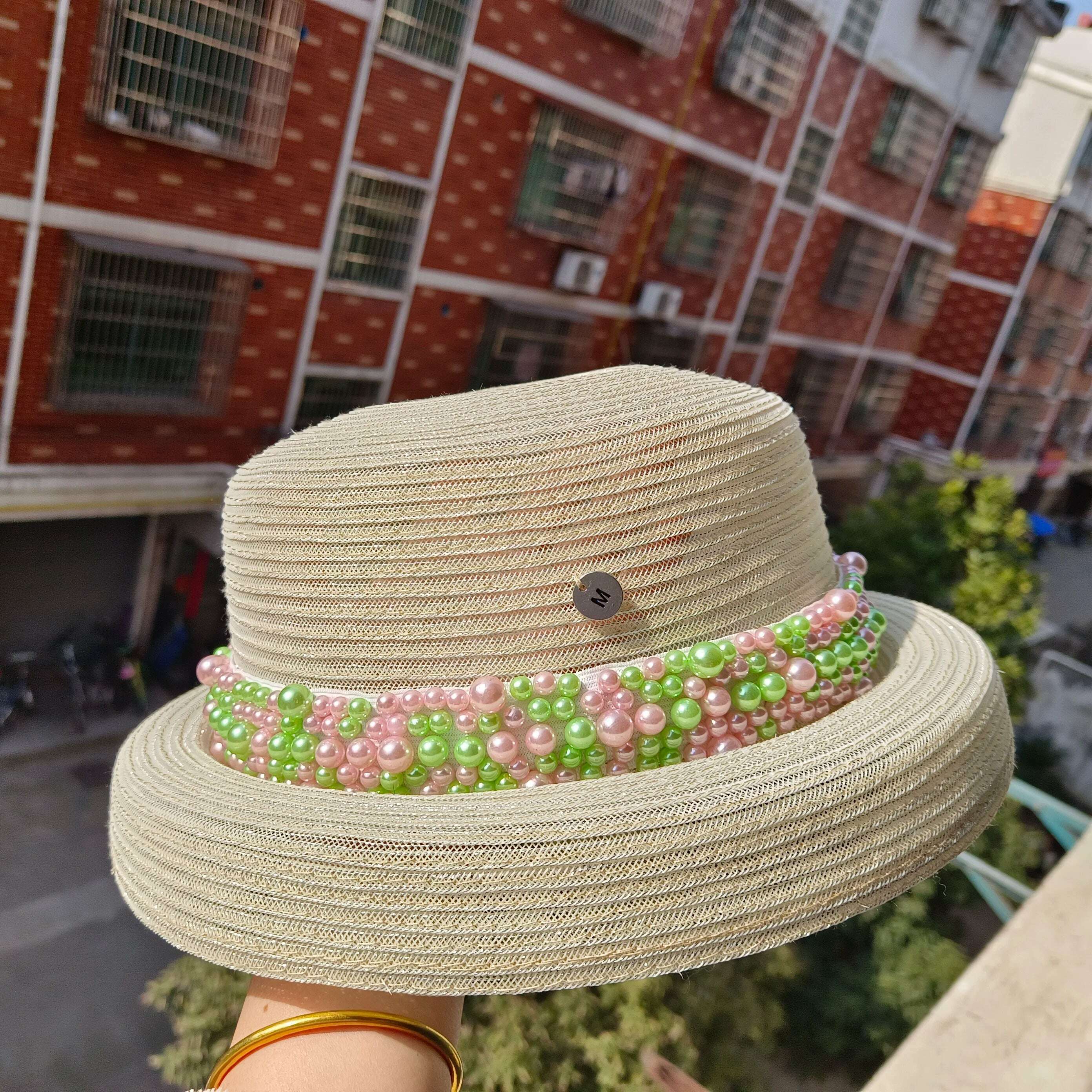 women straw hat Flat Top Straw Hat Vacation Casual Shopping Beach Hats for Woman Hats for girls Church Courtesy Panama Sun Hat - KIMLUD