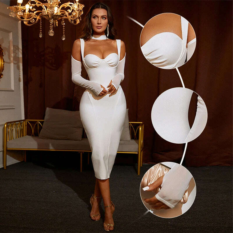 KIMLUD, Women Summer Style Sexy Key Hole Long Sleeve Mesh White Midi Bodycon Bandage Dress 2022 Elegant Evening Club Party Dress, KIMLUD Womens Clothes