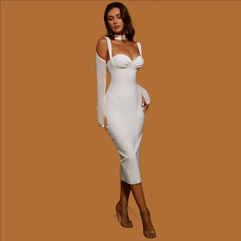 KIMLUD, Women Summer Style Sexy Key Hole Long Sleeve Mesh White Midi Bodycon Bandage Dress 2022 Elegant Evening Club Party Dress, KIMLUD Womens Clothes