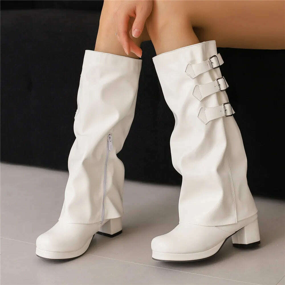 Women Thick Bottom Motorcycle Boots Women Knee High Boots Autumn Winter Women Gothic Punk Buckle Casual Boots Brown White Black - KIMLUD