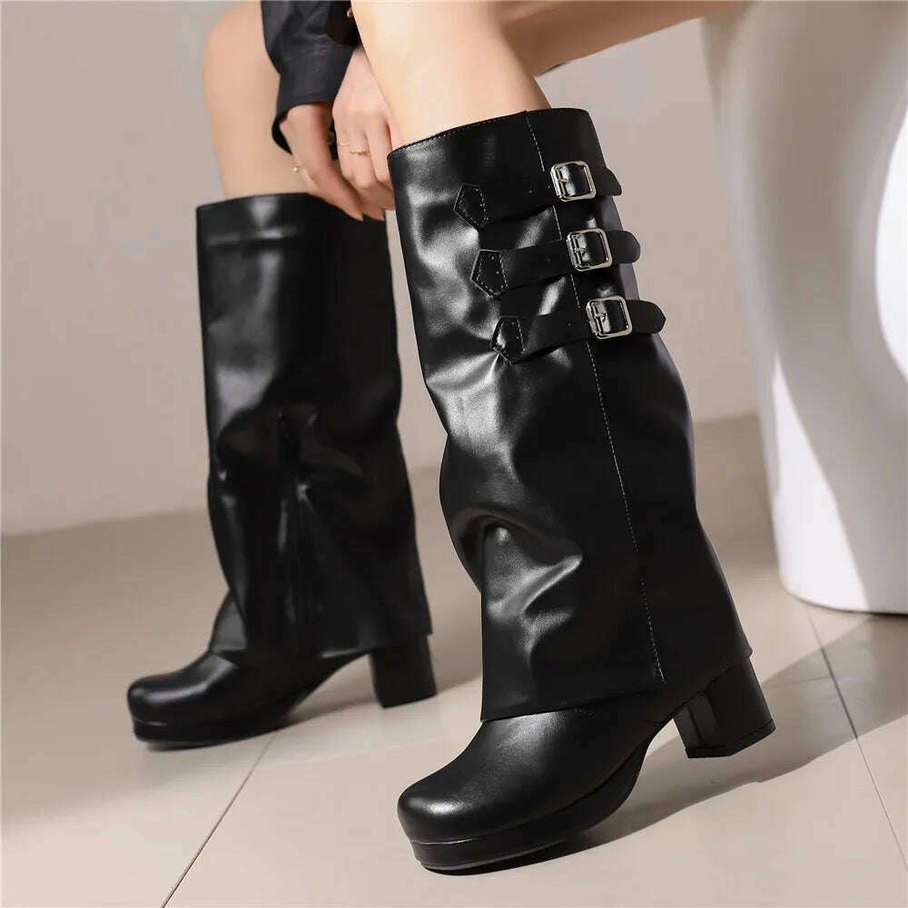 KIMLUD, Women Thick Bottom Motorcycle Boots Women Knee High Boots Autumn Winter Women Gothic Punk Buckle Casual Boots Brown White Black, KIMLUD Womens Clothes