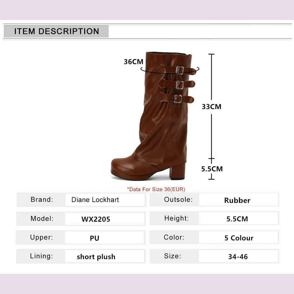 KIMLUD, Women Thick Bottom Motorcycle Boots Women Knee High Boots Autumn Winter Women Gothic Punk Buckle Casual Boots Brown White Black, KIMLUD Womens Clothes