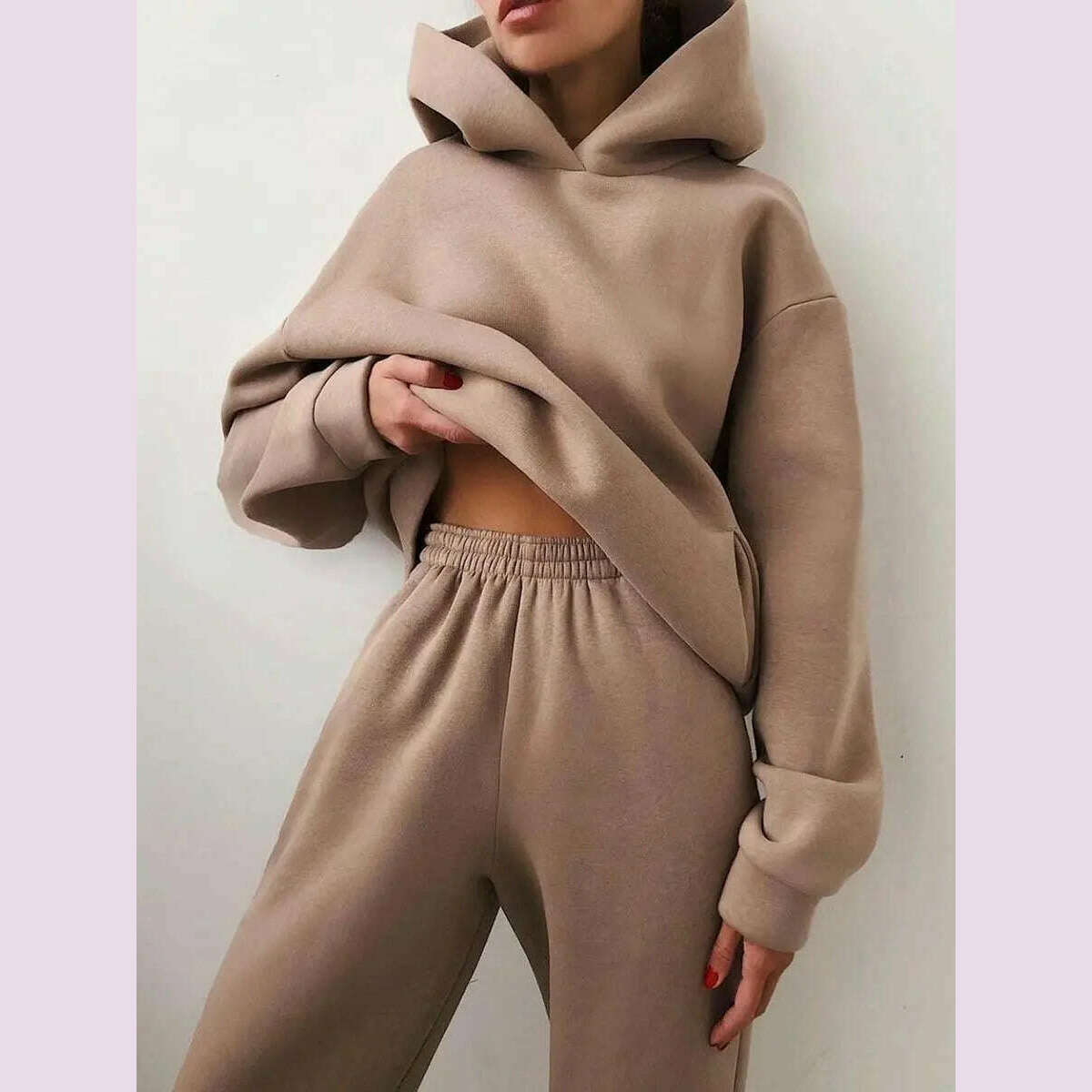 Women Tracksuit Hoodies Casual Solid Long Sleeve Fleece Warm Hooded Sportswear Suit Hoody Pullovers Long Pant Two Pieces Sets - KIMLUD