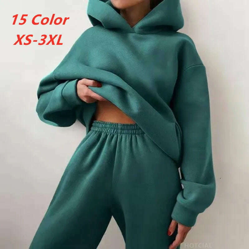 KIMLUD, Women Tracksuit Hoodies Casual Solid Long Sleeve Fleece Warm Hooded Sportswear Suit Hoody Pullovers Long Pant Two Pieces Sets, KIMLUD Womens Clothes