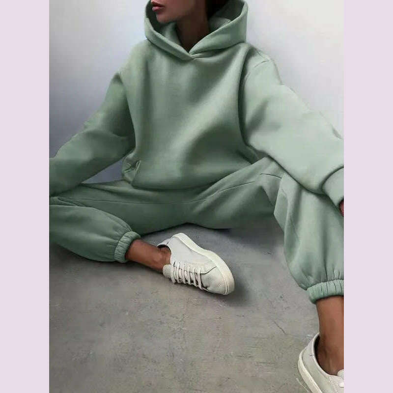 KIMLUD, Women Tracksuit Hoodies Casual Solid Long Sleeve Fleece Warm Hooded Sportswear Suit Hoody Pullovers Long Pant Two Pieces Sets, Turquoise / XS, KIMLUD APPAREL - Womens Clothes