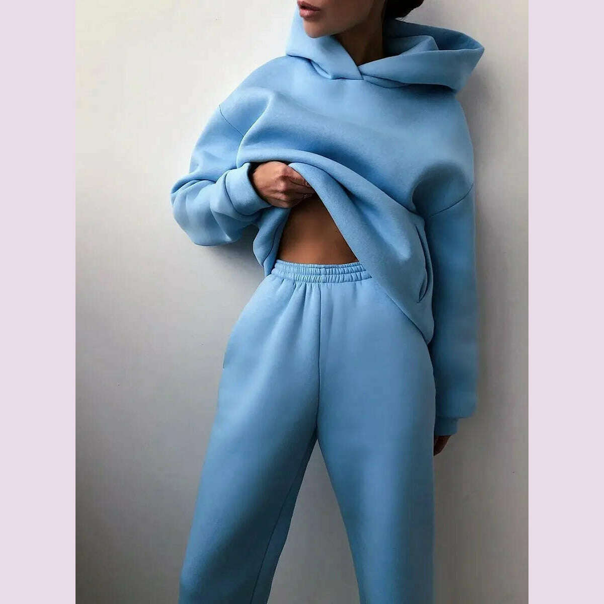 KIMLUD, Women Tracksuit Hoodies Casual Solid Long Sleeve Fleece Warm Hooded Sportswear Suit Hoody Pullovers Long Pant Two Pieces Sets, Blue / XXL, KIMLUD APPAREL - Womens Clothes