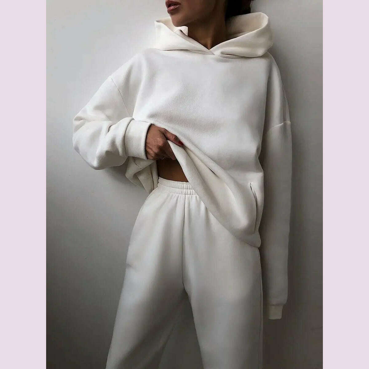 KIMLUD, Women Tracksuit Hoodies Casual Solid Long Sleeve Fleece Warm Hooded Sportswear Suit Hoody Pullovers Long Pant Two Pieces Sets, WHITE / XL, KIMLUD APPAREL - Womens Clothes