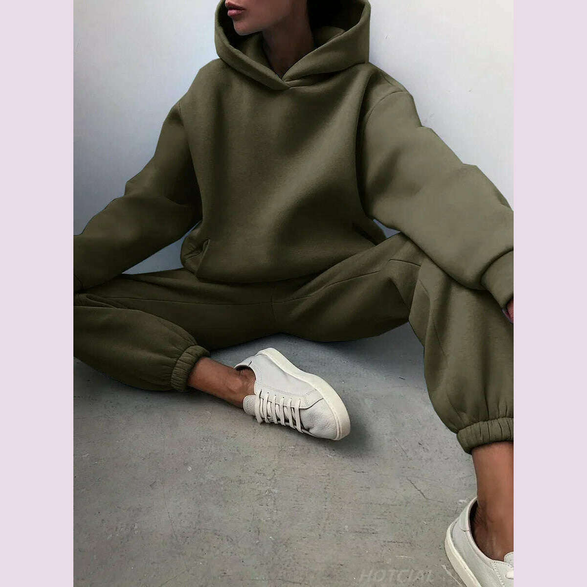 KIMLUD, Women Tracksuit Hoodies Casual Solid Long Sleeve Fleece Warm Hooded Sportswear Suit Hoody Pullovers Long Pant Two Pieces Sets, army green / XS, KIMLUD APPAREL - Womens Clothes