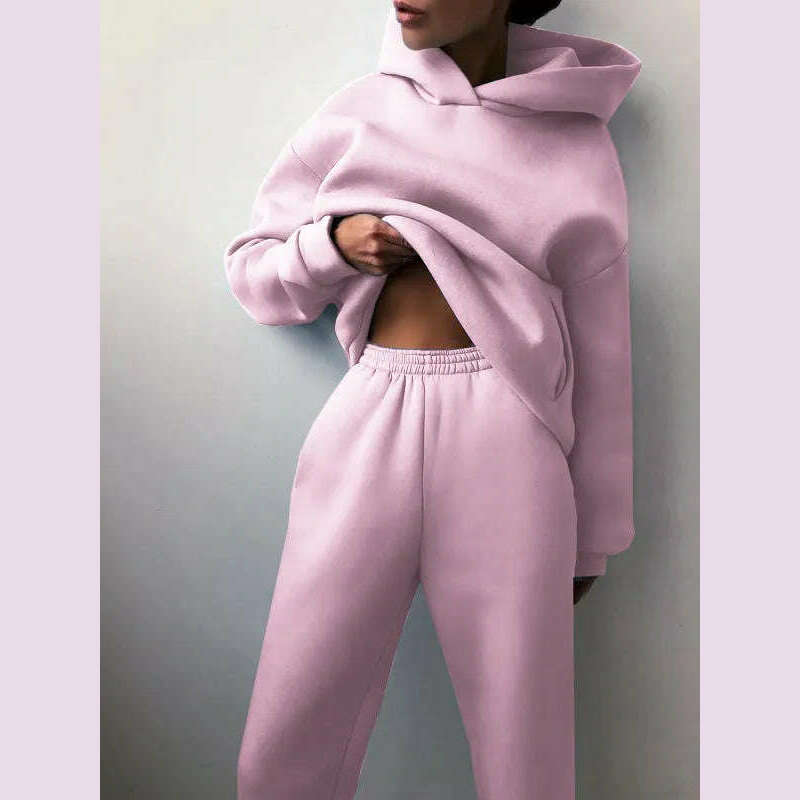 KIMLUD, Women Tracksuit Hoodies Casual Solid Long Sleeve Fleece Warm Hooded Sportswear Suit Hoody Pullovers Long Pant Two Pieces Sets, Lavender / M, KIMLUD APPAREL - Womens Clothes