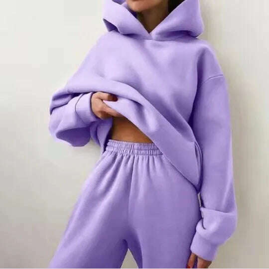 KIMLUD, Women Tracksuit Hoodies Casual Solid Long Sleeve Fleece Warm Hooded Sportswear Suit Hoody Pullovers Long Pant Two Pieces Sets, PURPLE / XS, KIMLUD APPAREL - Womens Clothes