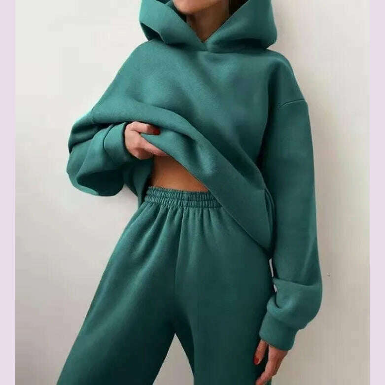 KIMLUD, Women Tracksuit Hoodies Casual Solid Long Sleeve Fleece Warm Hooded Sportswear Suit Hoody Pullovers Long Pant Two Pieces Sets, dark green / XXXL, KIMLUD APPAREL - Womens Clothes