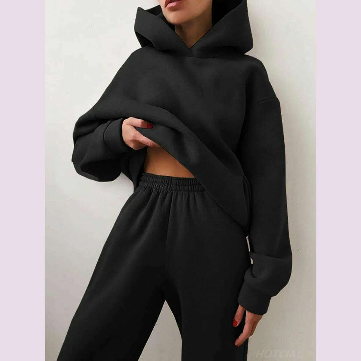 KIMLUD, Women Tracksuit Hoodies Casual Solid Long Sleeve Fleece Warm Hooded Sportswear Suit Hoody Pullovers Long Pant Two Pieces Sets, black / XL, KIMLUD APPAREL - Womens Clothes