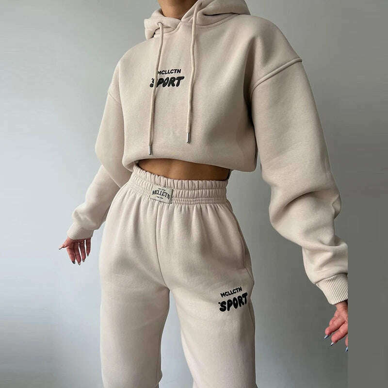 KIMLUD, Women Tracksuit Solid Long Sleeve Letter Print Hoodie 2024 Fall Casual Loose Hooded Sets Warm Suit Trousers Two Piece Pants Sets, Apricot / XL, KIMLUD APPAREL - Womens Clothes