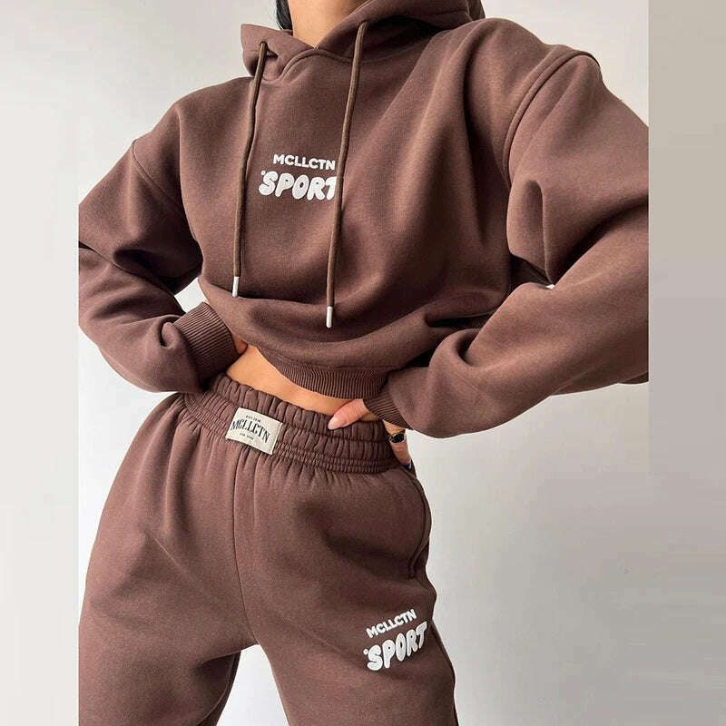 KIMLUD, Women Tracksuit Solid Long Sleeve Letter Print Hoodie 2024 Fall Casual Loose Hooded Sets Warm Suit Trousers Two Piece Pants Sets, Caramel colour / XL, KIMLUD APPAREL - Womens Clothes