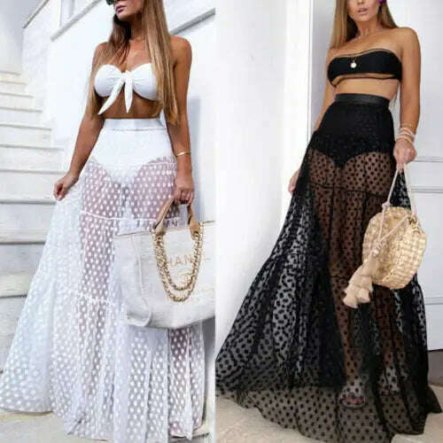 Women Tulle Tutu Long Polka Dot Skirts Wedding Party Cocktail Mesh Transparent Maxi Skirt Fashion Summer See Through Vestidos - KIMLUD