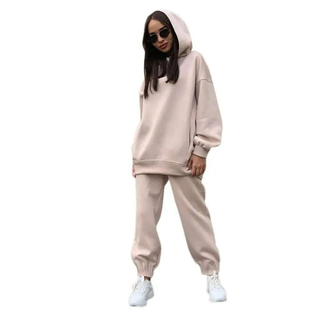 KIMLUD, Women Two Piece Sets Tracksuit Hooded Sweatshirt Tops Sweatpants Pants Set Female Spring Autumn Long Sleeve Pullover Sports Set, Apricot / L, KIMLUD APPAREL - Womens Clothes