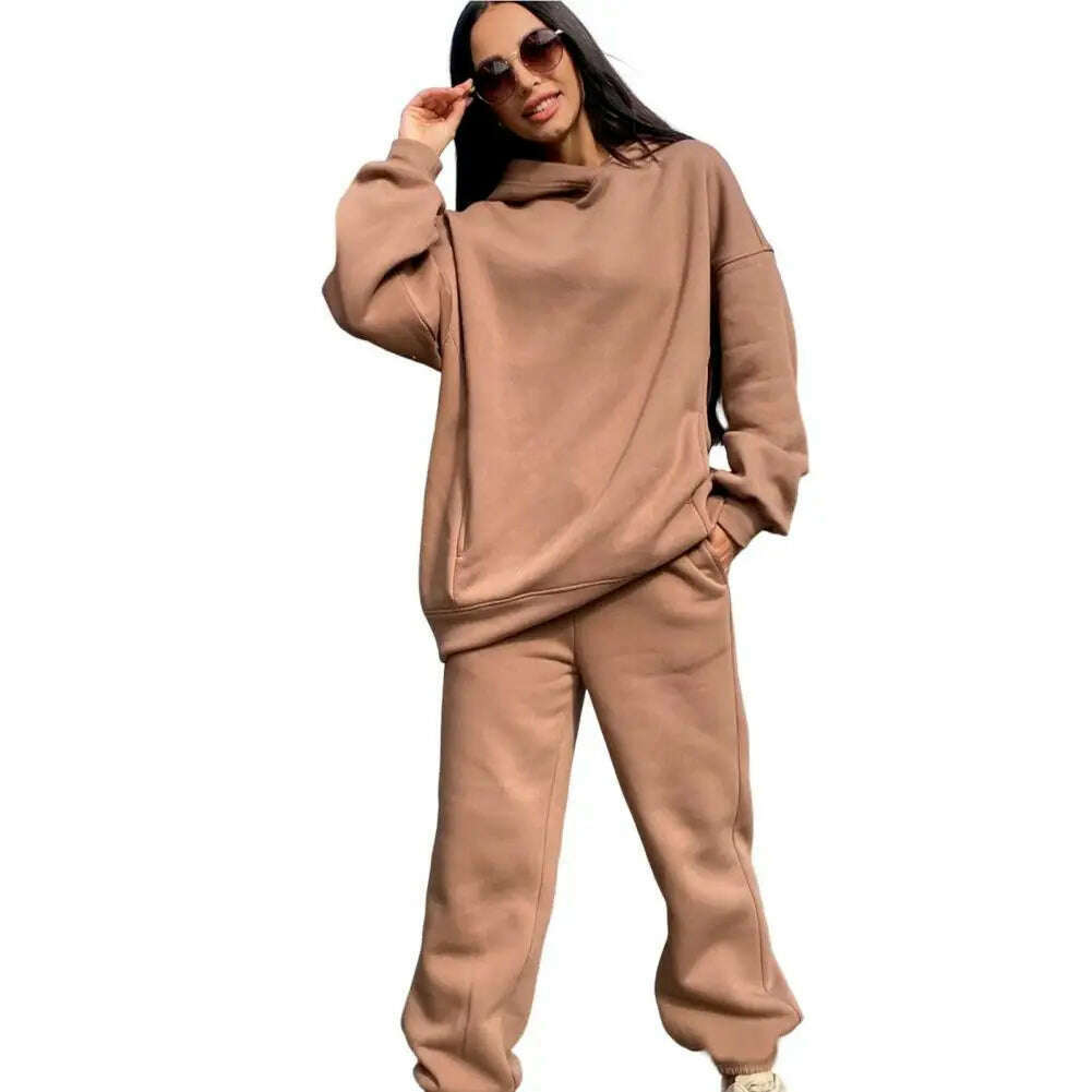 KIMLUD, Women Two Piece Sets Tracksuit Hooded Sweatshirt Tops Sweatpants Pants Set Female Spring Autumn Long Sleeve Pullover Sports Set, camel / L, KIMLUD APPAREL - Womens Clothes