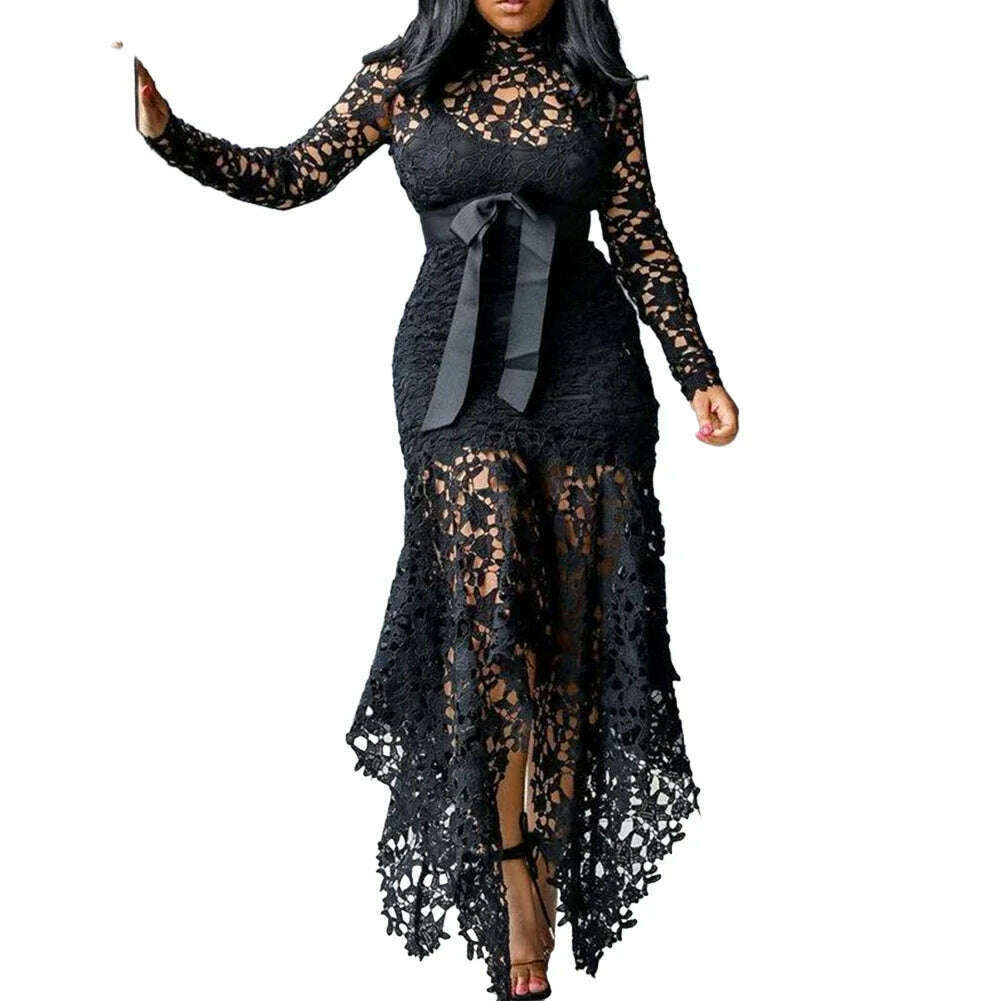 Women Vintage Party Dress Sexy Black Lace Long Dress Prom Evening Party Dress Bodycon Plus Size Lace Solid Color Elegant Dress - KIMLUD
