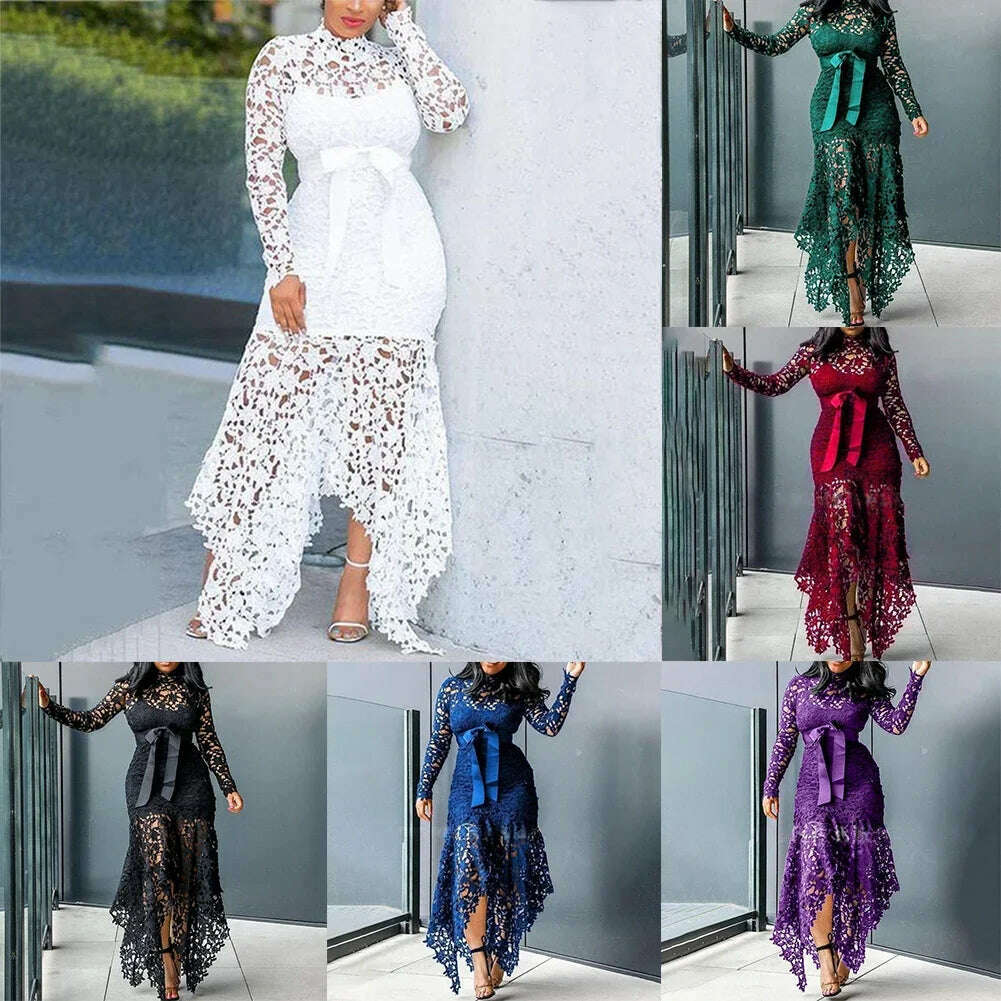 Women Vintage Party Dress Sexy Black Lace Long Dress Prom Evening Party Dress Bodycon Plus Size Lace Solid Color Elegant Dress - KIMLUD
