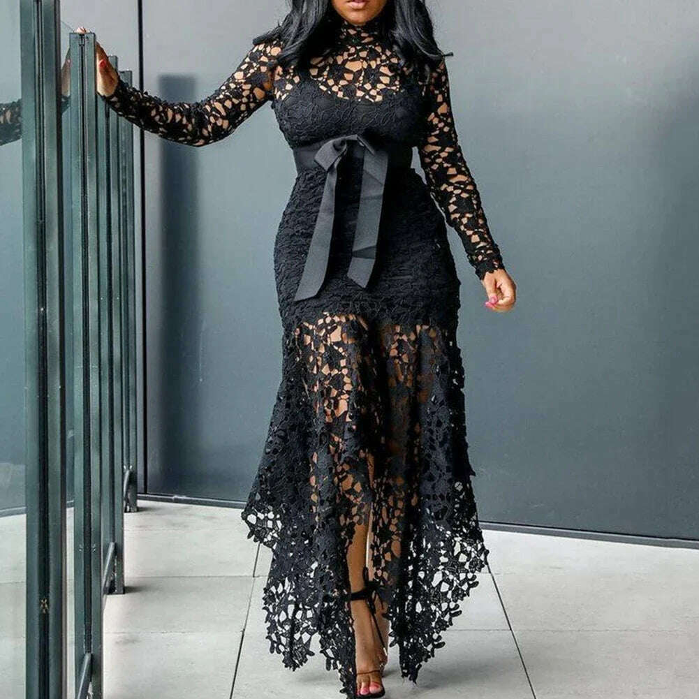 Women Vintage Party Dress Sexy Black Lace Long Dress Prom Evening Party Dress Bodycon Plus Size Lace Solid Color Elegant Dress - KIMLUD