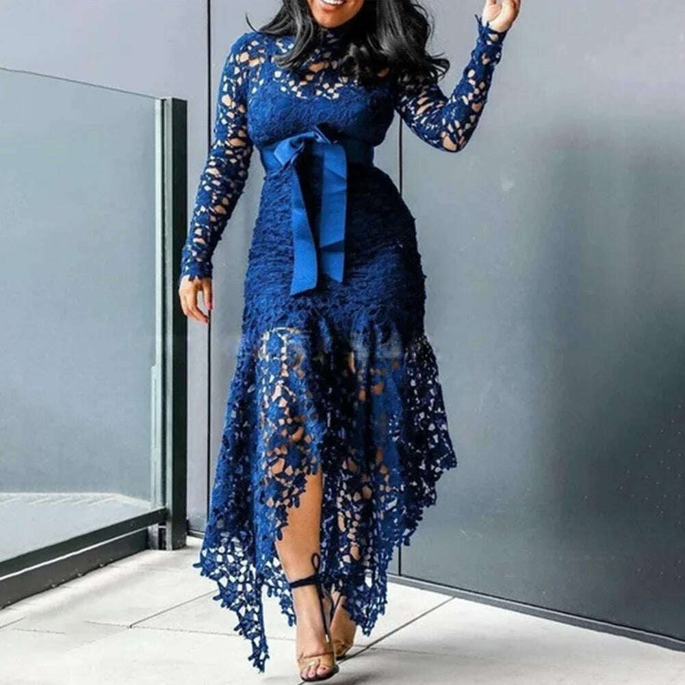 Women Vintage Party Dress Sexy Black Lace Long Dress Prom Evening Party Dress Bodycon Plus Size Lace Solid Color Elegant Dress - KIMLUD