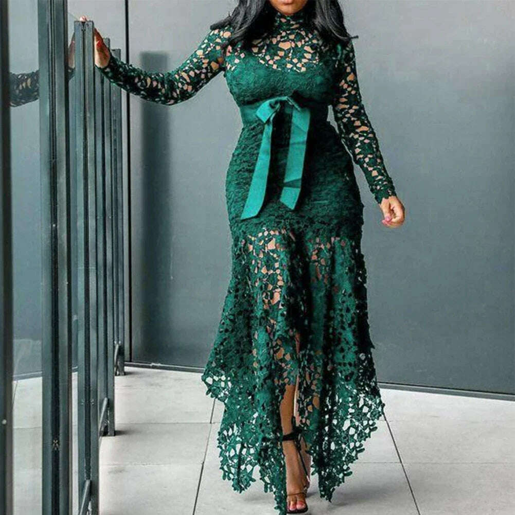 Women Vintage Party Dress Sexy Black Lace Long Dress Prom Evening Party Dress Bodycon Plus Size Lace Solid Color Elegant Dress - KIMLUD