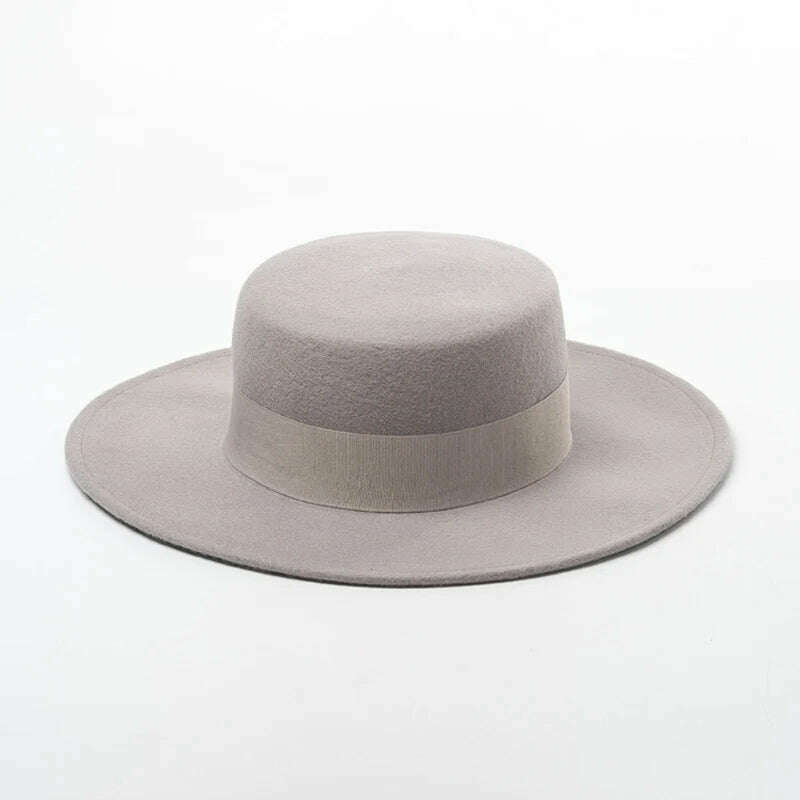 KIMLUD, Women Wide Brim Fedora 100% Wool Flat Top Hat Ribbon Bowknot Accent Church Dress Derby Ladies Hat Warm Winter Hats Cap, Gray, KIMLUD APPAREL - Womens Clothes