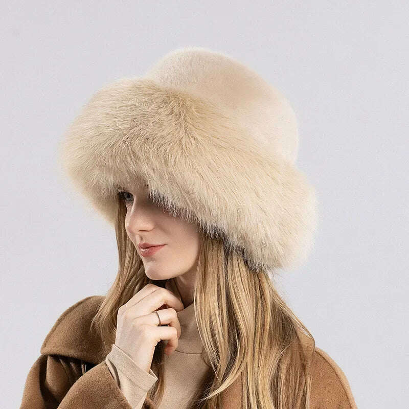 KIMLUD, Women Winter Hat Thickened Artificial Rabbit Hair Bucket Hat Warm Earwarmer Earmuff Russia Cossack Hat Fur Outdoor Ski Cap, Khaki / 55-60cm, KIMLUD APPAREL - Womens Clothes