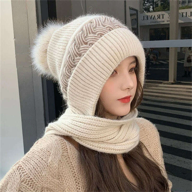 KIMLUD, Women Winter Hood Beanies Thick Woolen Knitted Hat Scarf Fur Pompom Crochet Bonnet Outdoor Ski Female Skullies Cap Warm Headgear, cream-coloured, KIMLUD APPAREL - Womens Clothes