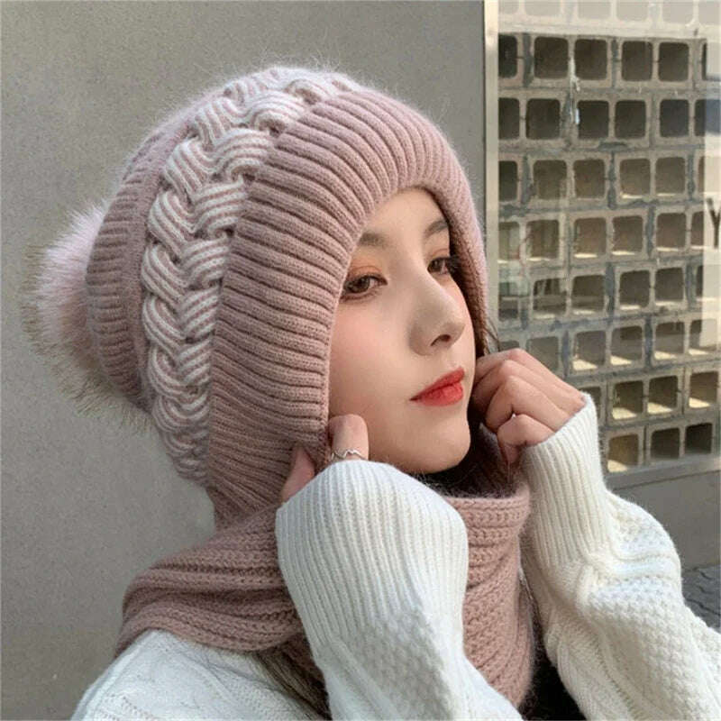 KIMLUD, Women Winter Hood Beanies Thick Woolen Knitted Hat Scarf Fur Pompom Crochet Bonnet Outdoor Ski Female Skullies Cap Warm Headgear, pink, KIMLUD APPAREL - Womens Clothes