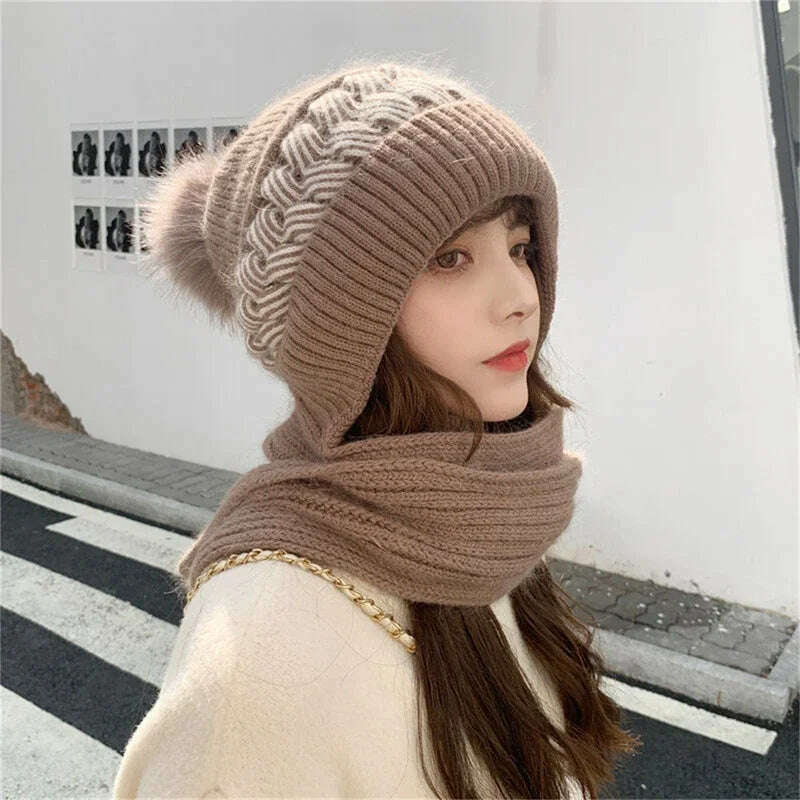 KIMLUD, Women Winter Hood Beanies Thick Woolen Knitted Hat Scarf Fur Pompom Crochet Bonnet Outdoor Ski Female Skullies Cap Warm Headgear, khaki, KIMLUD APPAREL - Womens Clothes