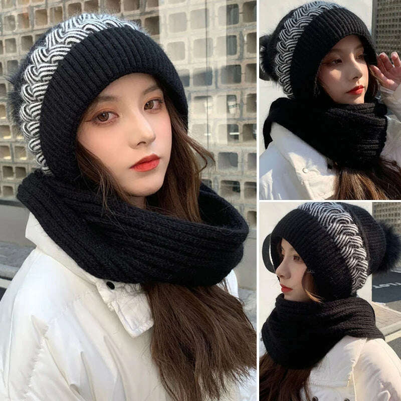 KIMLUD, Women Winter Hood Beanies Thick Woolen Knitted Hat+Scarf Fur Pompom Crochet Bonnet Outdoor Ski Female Cap Warm Headgear, KIMLUD Womens Clothes