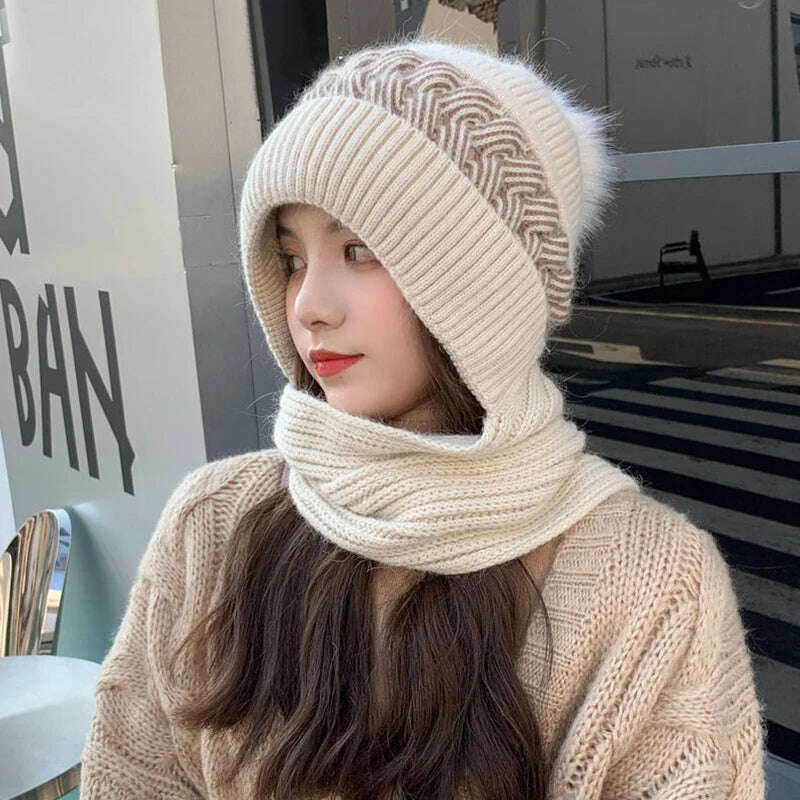 KIMLUD, Women Winter Hood Beanies Thick Woolen Knitted Hat+Scarf Fur Pompom Crochet Bonnet Outdoor Ski Female Cap Warm Headgear, Beige, KIMLUD APPAREL - Womens Clothes