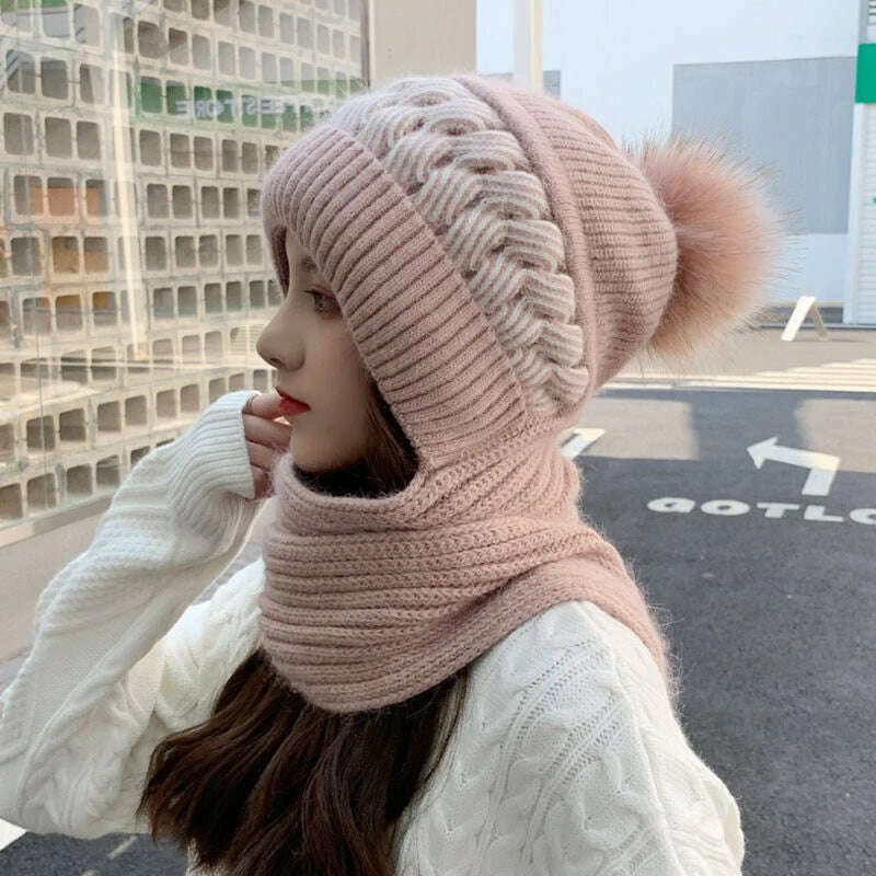 KIMLUD, Women Winter Hood Beanies Thick Woolen Knitted Hat+Scarf Fur Pompom Crochet Bonnet Outdoor Ski Female Cap Warm Headgear, pink, KIMLUD APPAREL - Womens Clothes