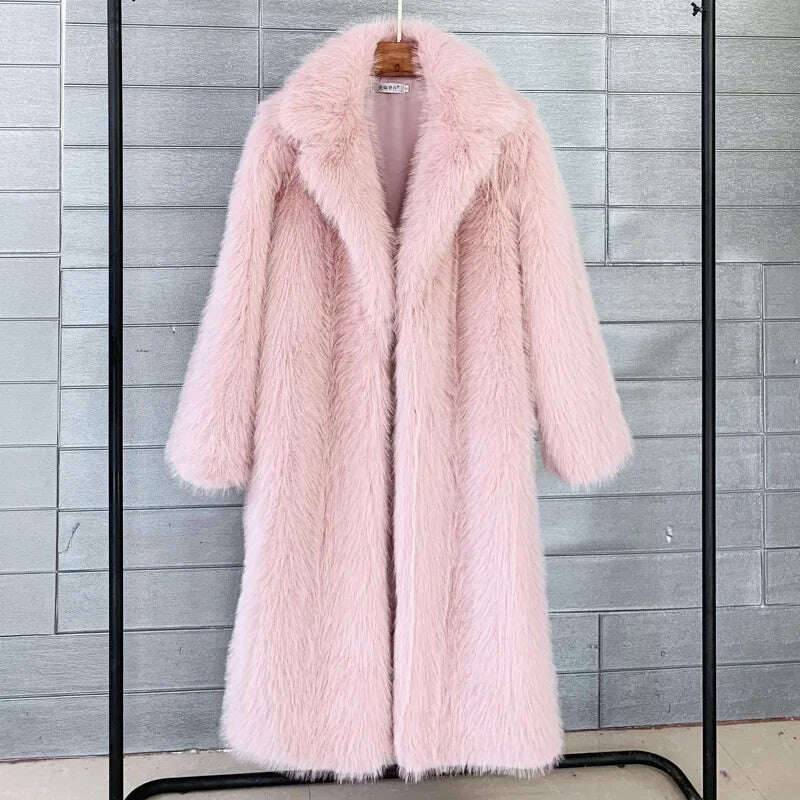 KIMLUD, Women Winter Warm Plush Faux Fur Long Jacket Elegant Y2K Chic Clothes Lapel Furry Coats Overcoat Pilot Jacket Outwear Blend, Pink / S, KIMLUD APPAREL - Womens Clothes