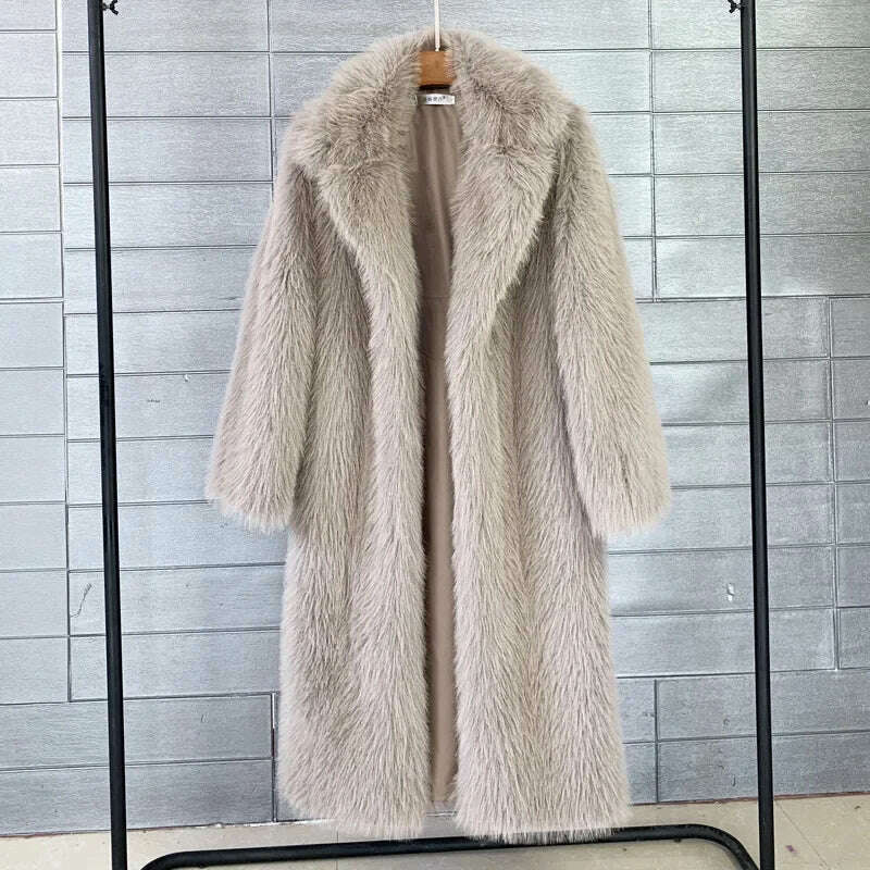 KIMLUD, Women Winter Warm Plush Faux Fur Long Jacket Elegant Y2K Chic Clothes Lapel Furry Coats Overcoat Pilot Jacket Outwear Blend, Khaki / S, KIMLUD APPAREL - Womens Clothes