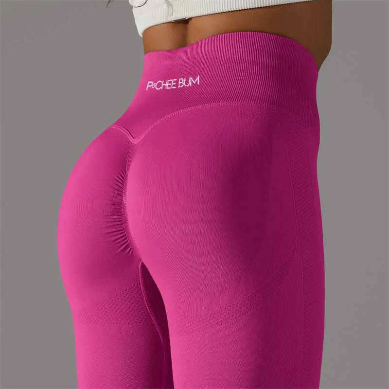 KIMLUD, Women Yoga Leggings Pchee Bum Gym Leggings Seamless Sport Pants High Waist Fitness Leggings Bubble Butt Workout Running Pants, Rose Red / L, KIMLUD APPAREL - Womens Clothes