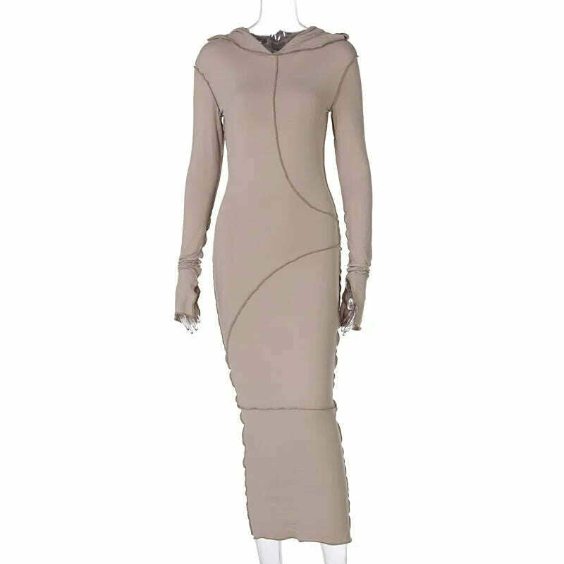 KIMLUD, Women&#39;s Dress New Casual Hooded Long Sleeve Sexy Elegant Party Dresses for Women 2023 Outfits Dresses Streetwear Skinny Bodycon, Khaki / S, KIMLUD APPAREL - Womens Clothes