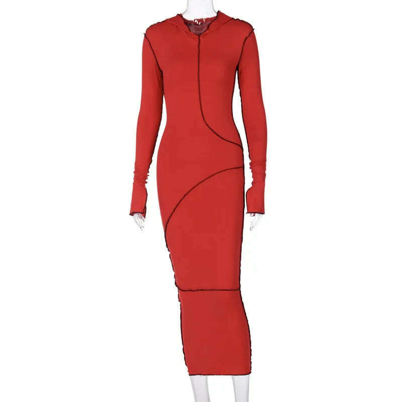 KIMLUD, Women&#39;s Dress New Casual Hooded Long Sleeve Sexy Elegant Party Dresses for Women 2023 Outfits Dresses Streetwear Skinny Bodycon, Red / S, KIMLUD APPAREL - Womens Clothes