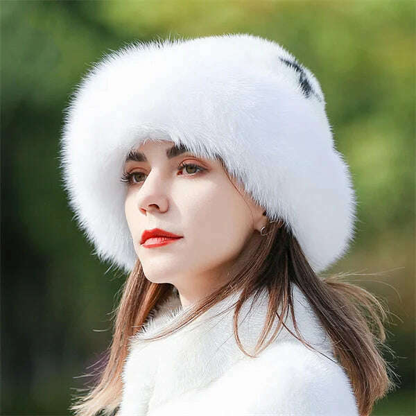 KIMLUD, Women&#39;s Fox Fur Hats 2022 New Mink Fur Windproof Warm Earmuffs Winter Hats Women&#39;s Fur Hats Russian Fox Mink Stitching Hats, white-black / M(56-58CM), KIMLUD APPAREL - Womens Clothes